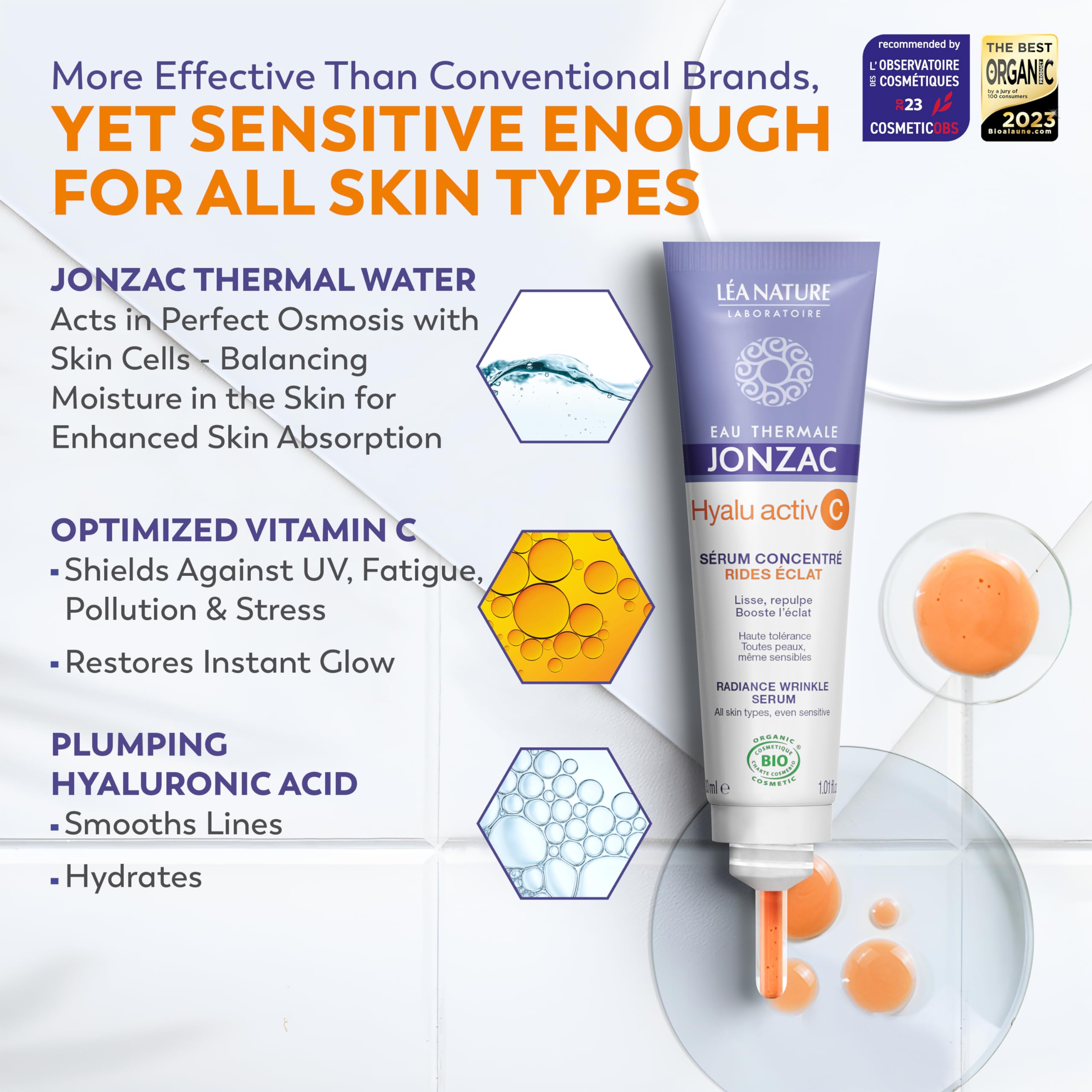 Hyaluronic acid matrix visible in serum for plump skin.