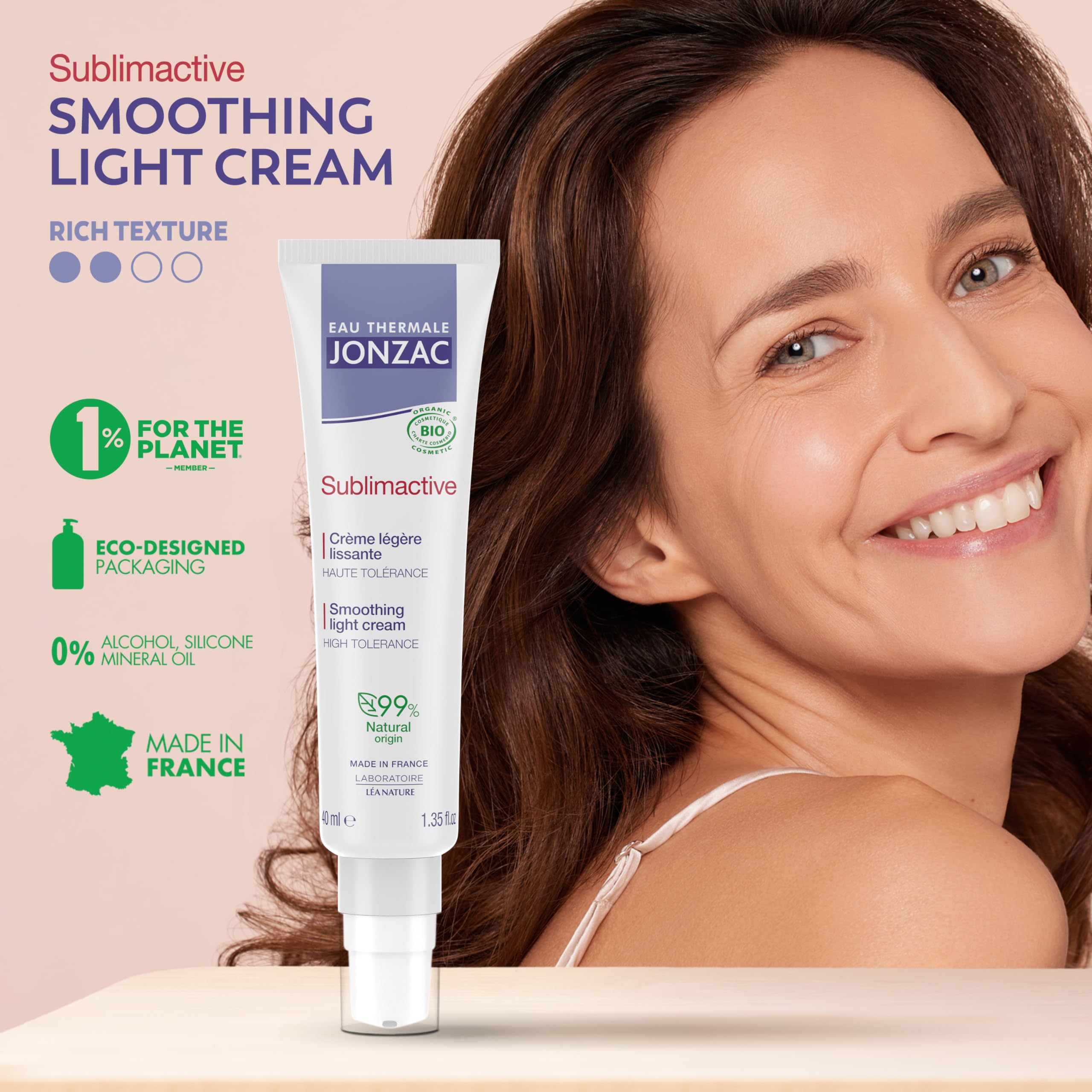 JONZAC Sublimactive smoothing light cream on skin shows quick absorption.