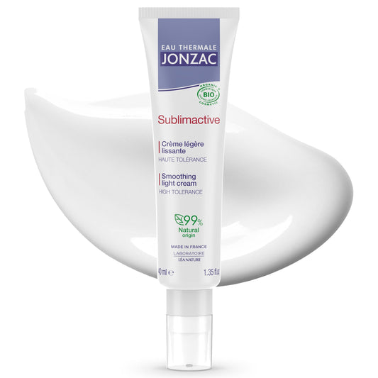 JONZAC Sublimactive smoothing light cream packaging showcases its organic anti-aging formula.