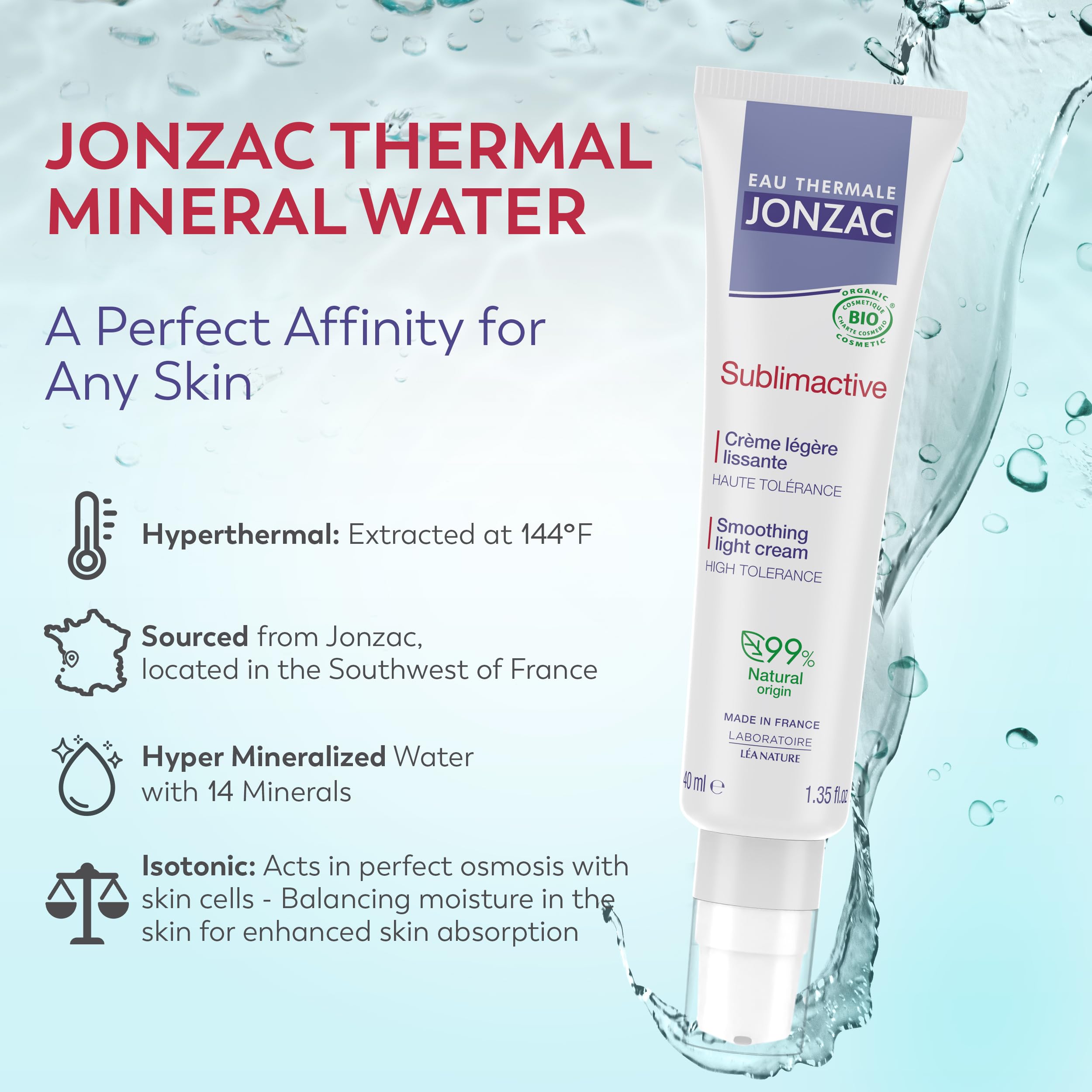 JONZAC thermal spring water icon highlights hydrating ingredients.