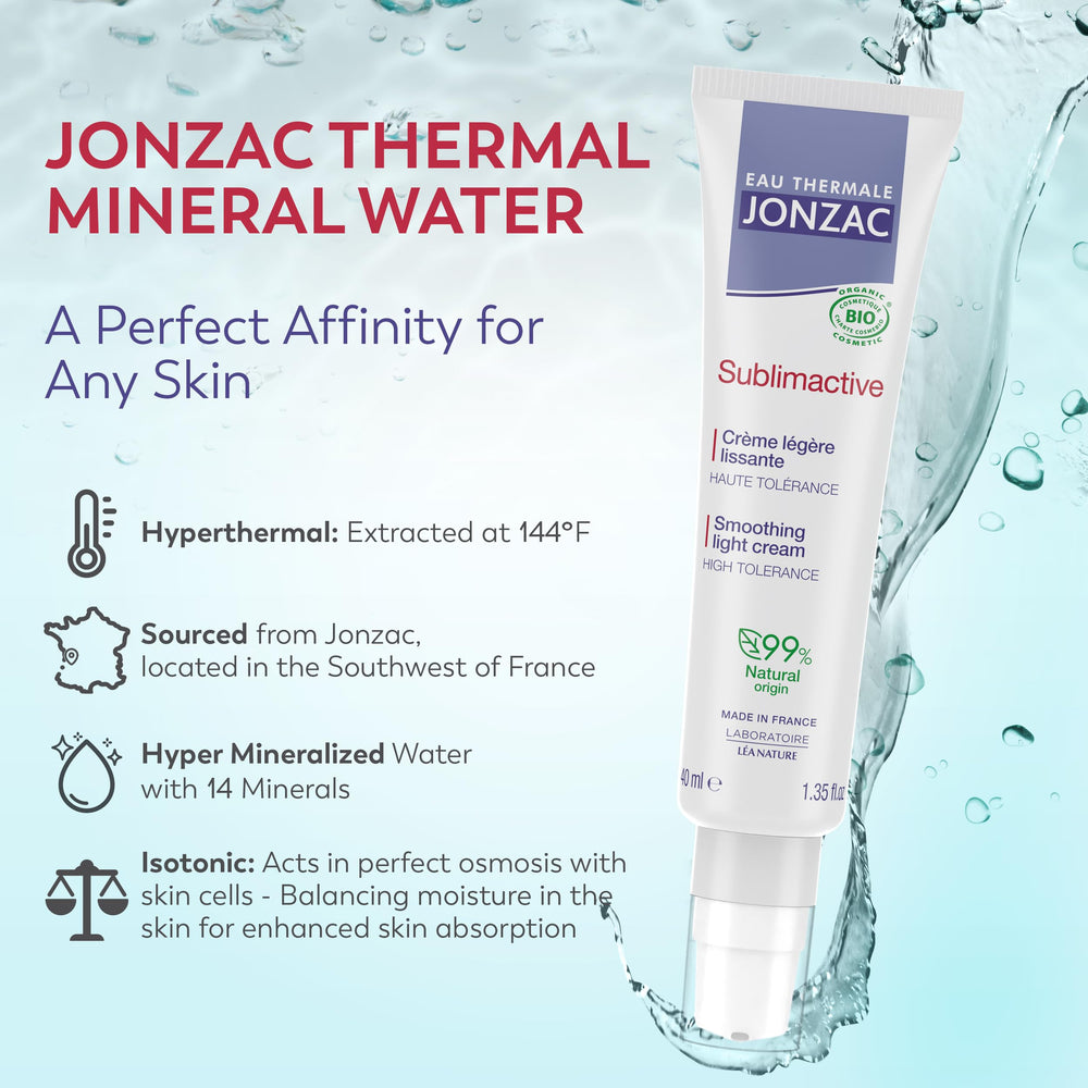 JONZAC thermal spring water icon highlights hydrating ingredients.