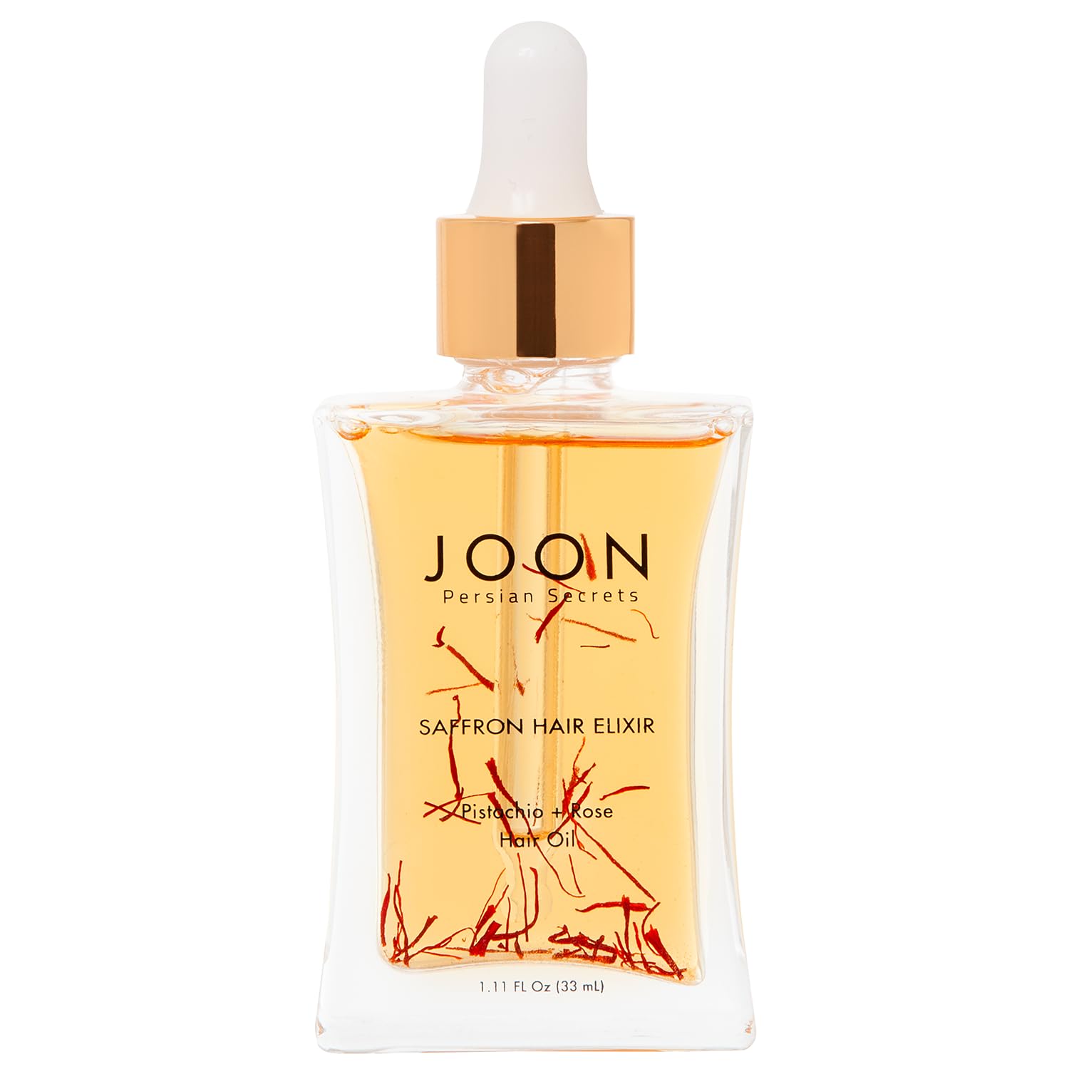 Joon Saffron Hair Elixir bottle pour demonstrates quick absorption for frizz control.