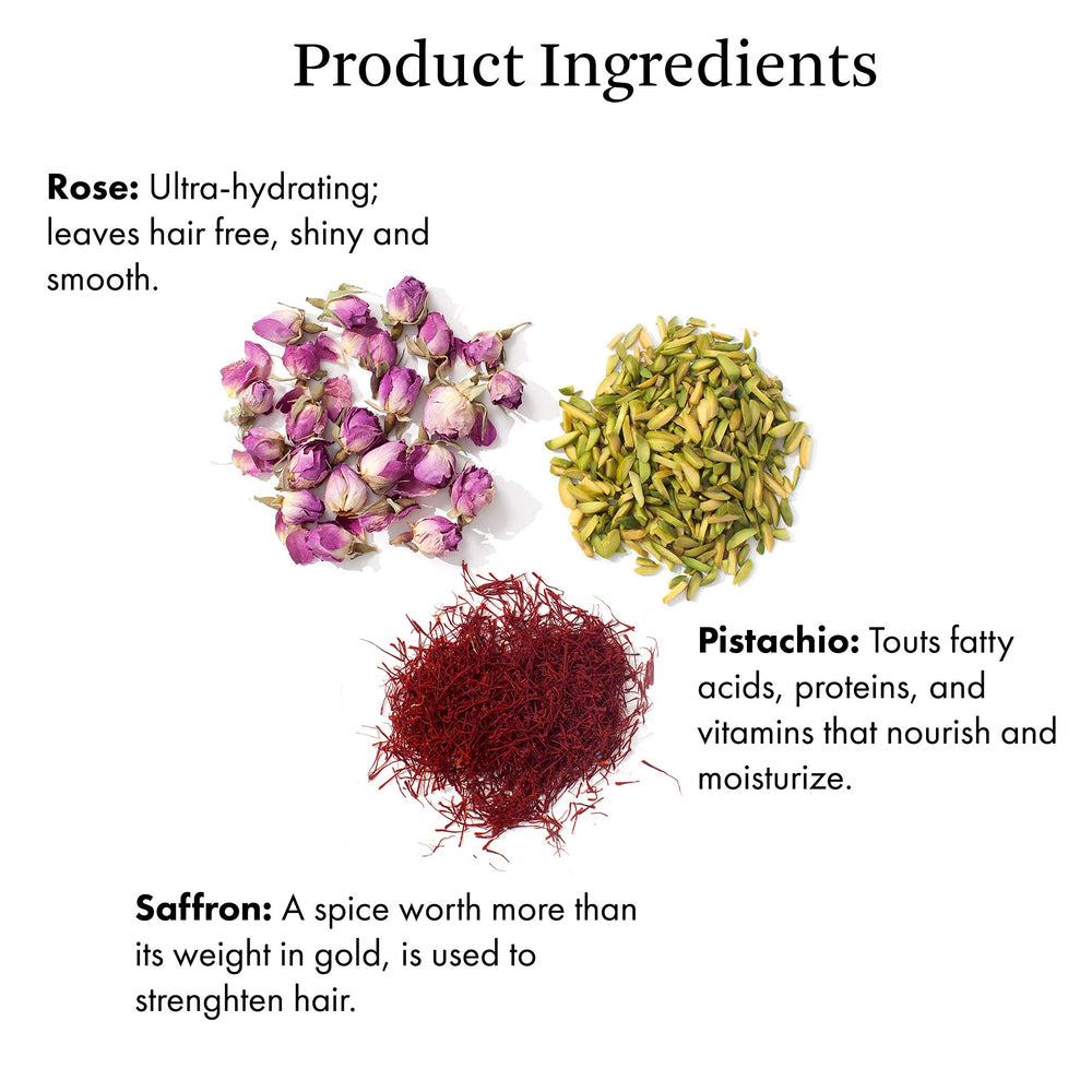 Joon Saffron Hair Elixir pistachio-rose scent image conveys a luxurious, calming sensory experience.