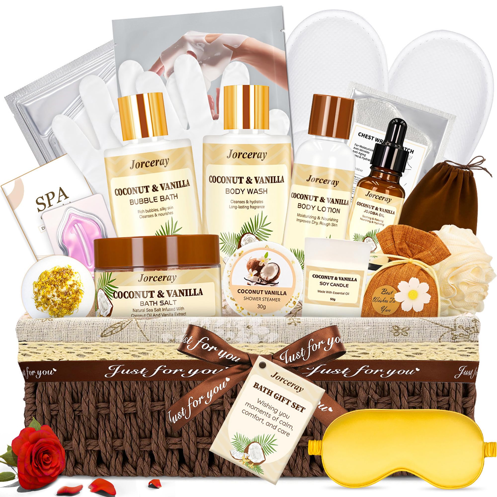 Jorceray Valentines spa gift basket 22pc displayed as a complete at‑home pampering set