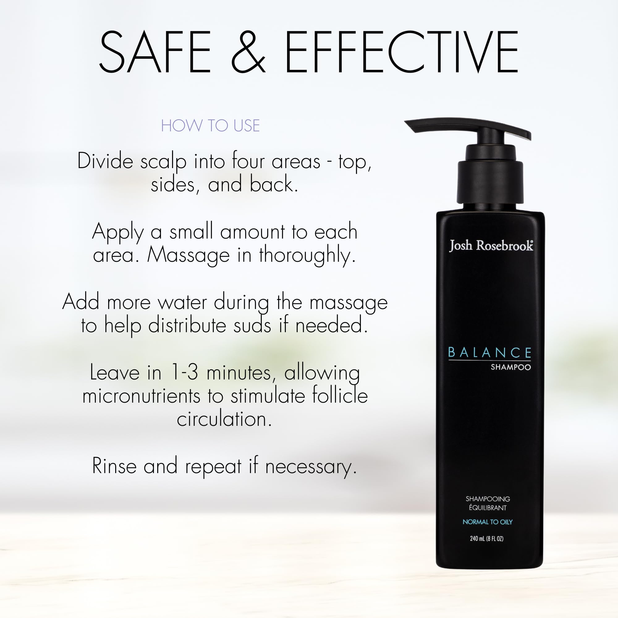 Josh Rosebrook Balance Shampoo ingredients feature herbal infusions for soft, shiny hair.