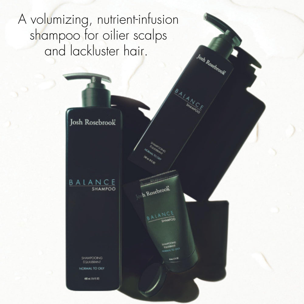 Josh Rosebrook Balance Shampoo packaging reflects premium botanicals and sustainable practices.