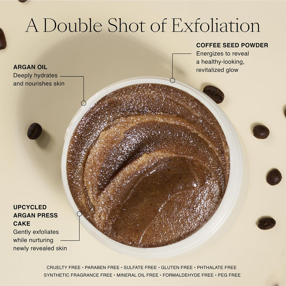 Josie Maran exfoliator applied on damp skin for spa like routine