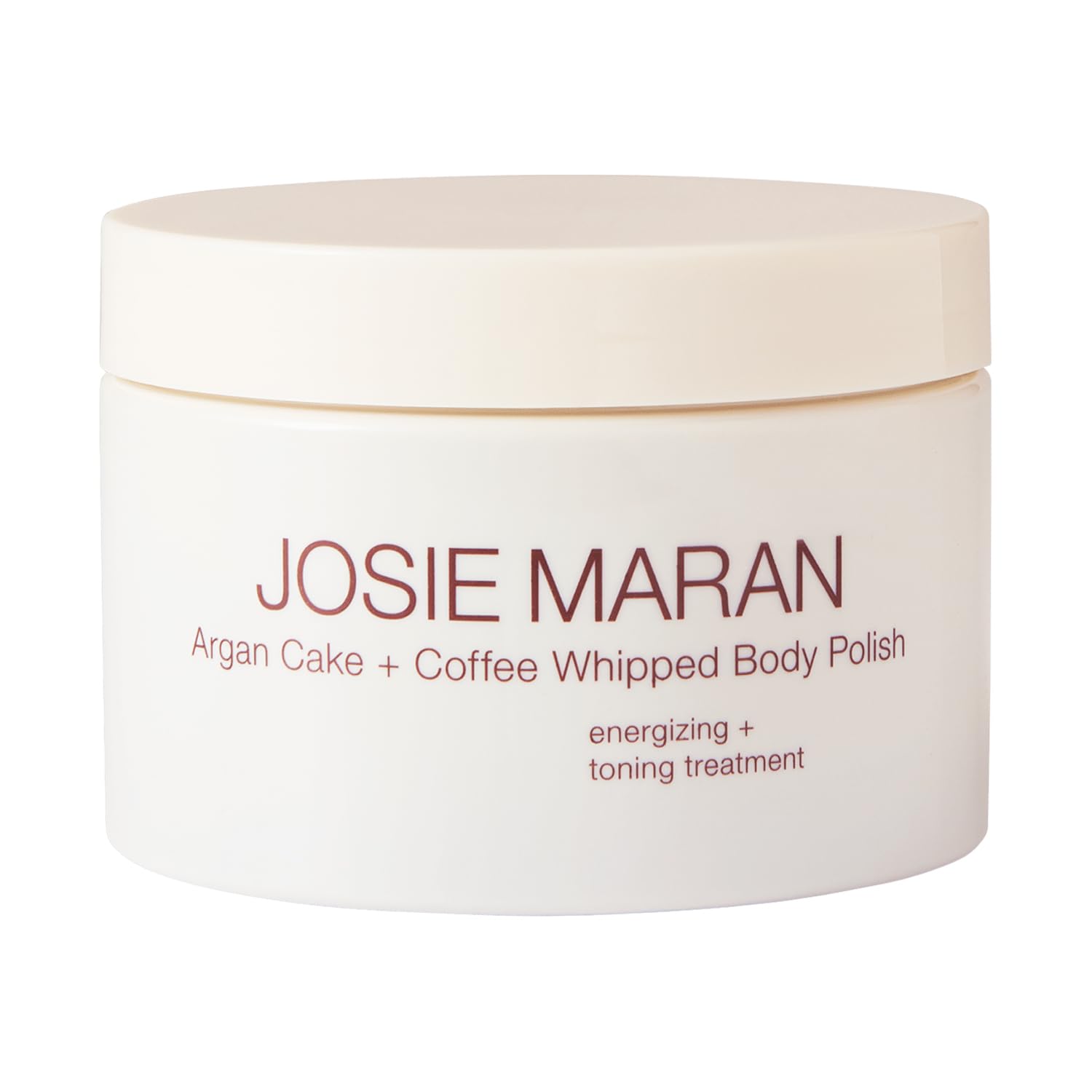 Josie Maran Argan Cake and Coffee Whipped Body Polish jar shows exfoliating texture for smooth skin