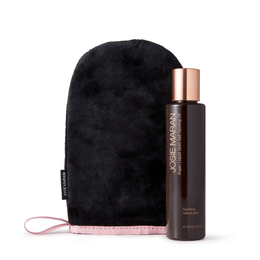 Josie Maran Argan Liquid Gold self-tanning oil bottle for an even bronze glow.