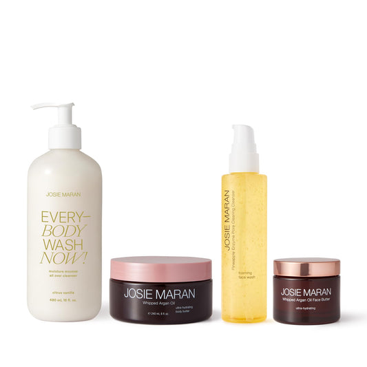 Josie Maran EveryBODY Wash Now bottle with creamy mousse for gentle cleansing.