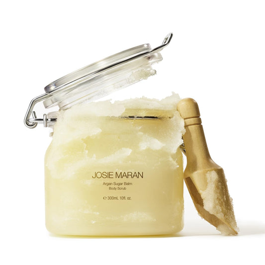 Josie Maran Sugar Body Scrub jar closeup with argan oil and sugar exfoliation
