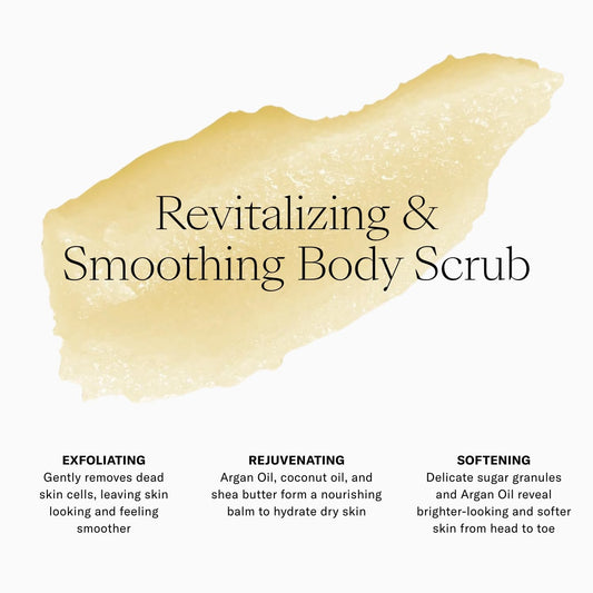 Pouring Josie Maran Sugar Body Scrub from a bottle shows exfoliation and hydration
