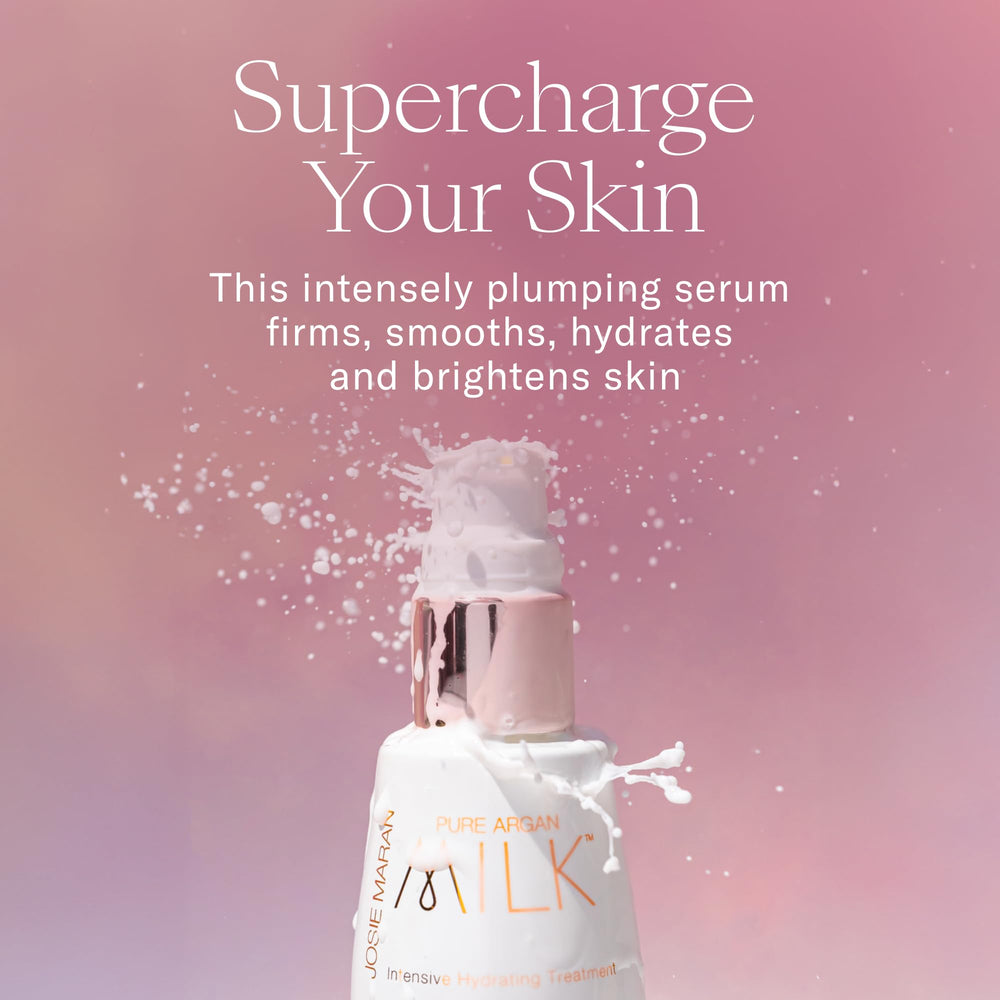 Josie Maran Triple Hydroxy toner bottle emphasizing exfoliation for smoother skin texture.