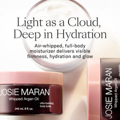 Josie Maran Whipped Body Butter highlights argan oil for lasting skin moisture.