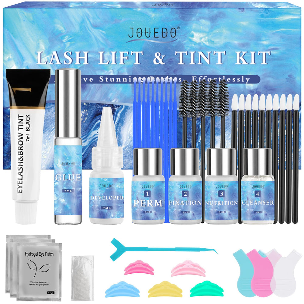 Jouedo lash lift kit open packaging showing essential tools for at-home curling.