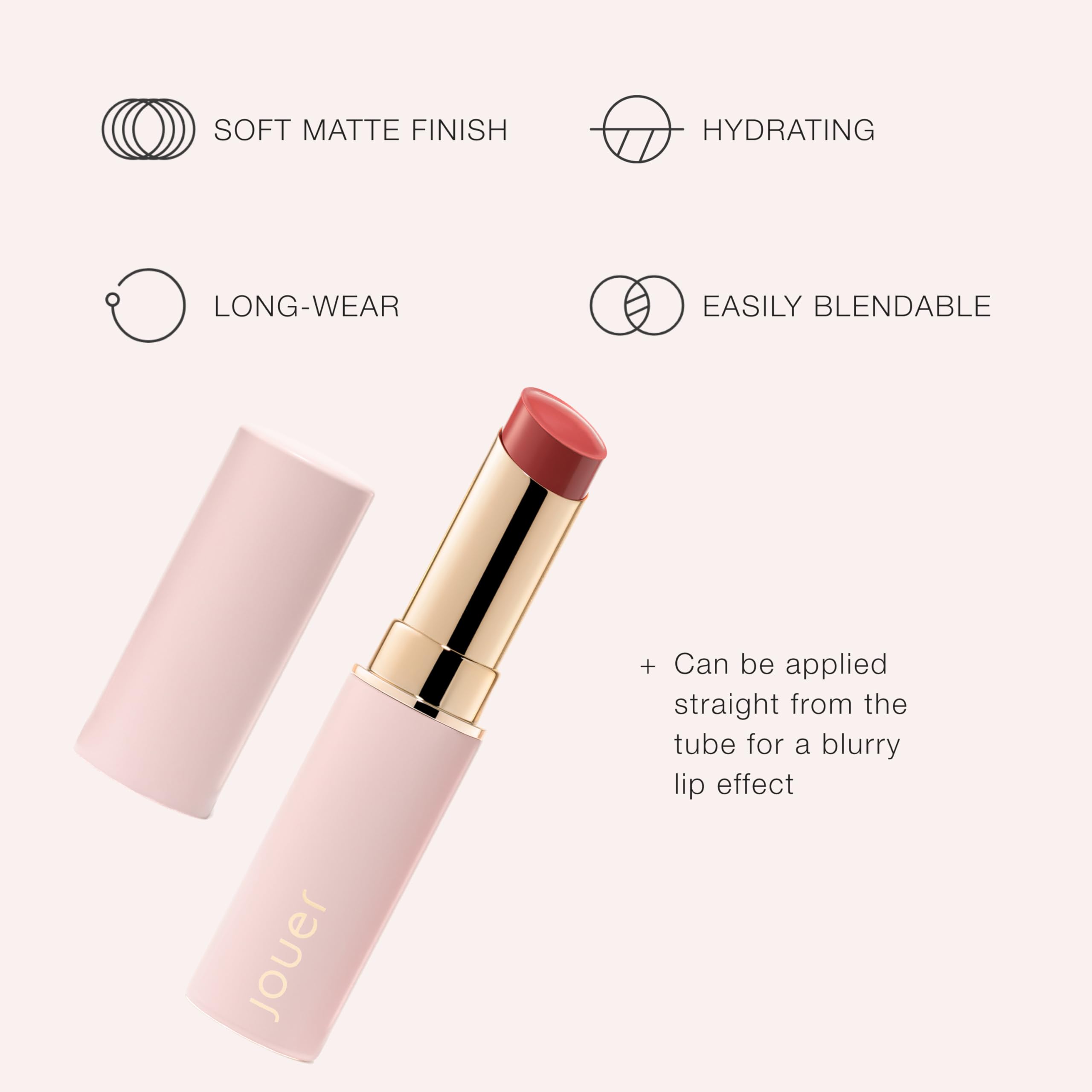 Jouer Demi-Matte Lip Balm berry tone on lips with lasting moisture.
