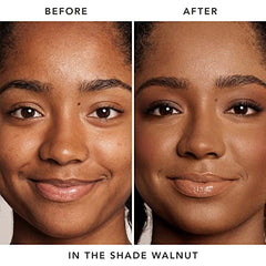 Foundation on walnut-dark olive undertone skin with subtle golden glow.