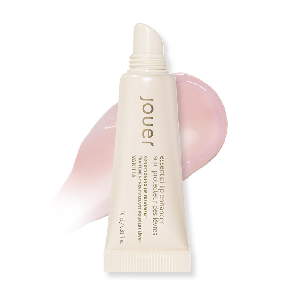Jouer Essential Vegan Lip Enhancer tube close-up for hydrated, visibly fuller lips.