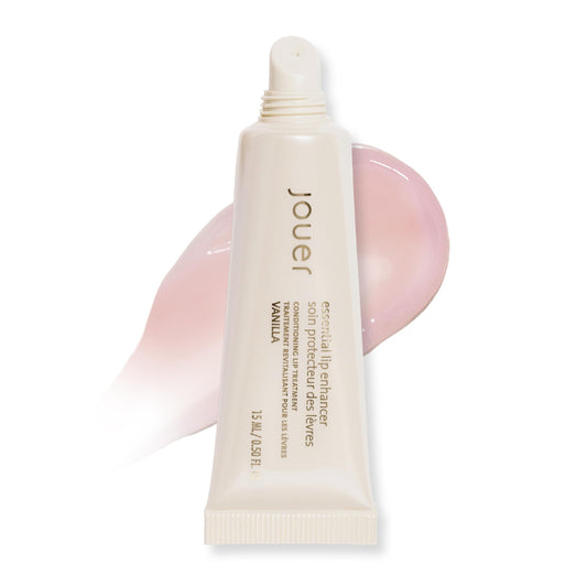 Jouer Essential Vegan Lip Enhancer bottle with vanilla gloss and Maxi Lip fullness