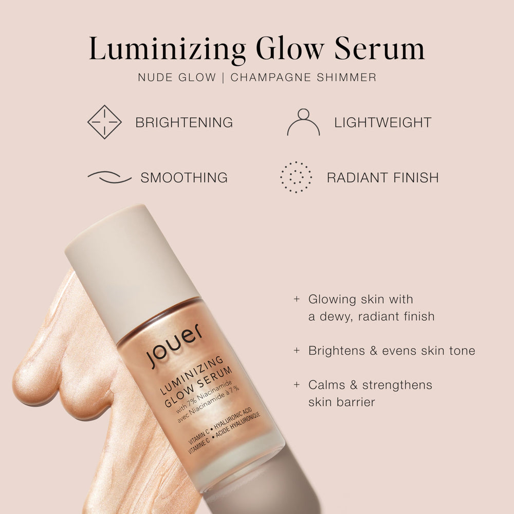 Jouer Glow Drops dropper applying dewy radiance for day-to-night use.