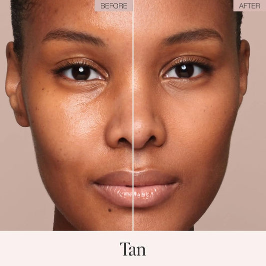 Jouer Tan shade swatch showing warm undertones and blurring effect.