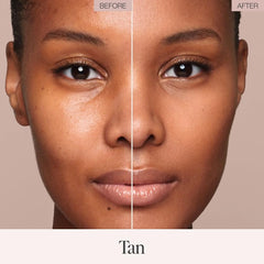 Jouer Tan shade swatch showing warm undertones and blurring effect.