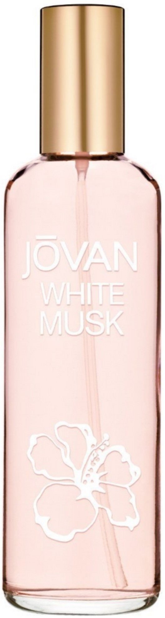 Jovan White Musk bottle with pale rose hue, long-lasting fragrance for daily wear.