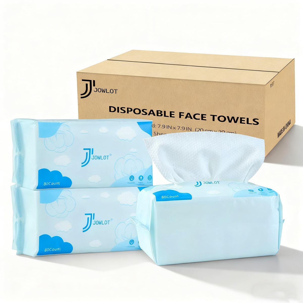 JOWLOT disposable face towels in a sturdy box for easy storage.