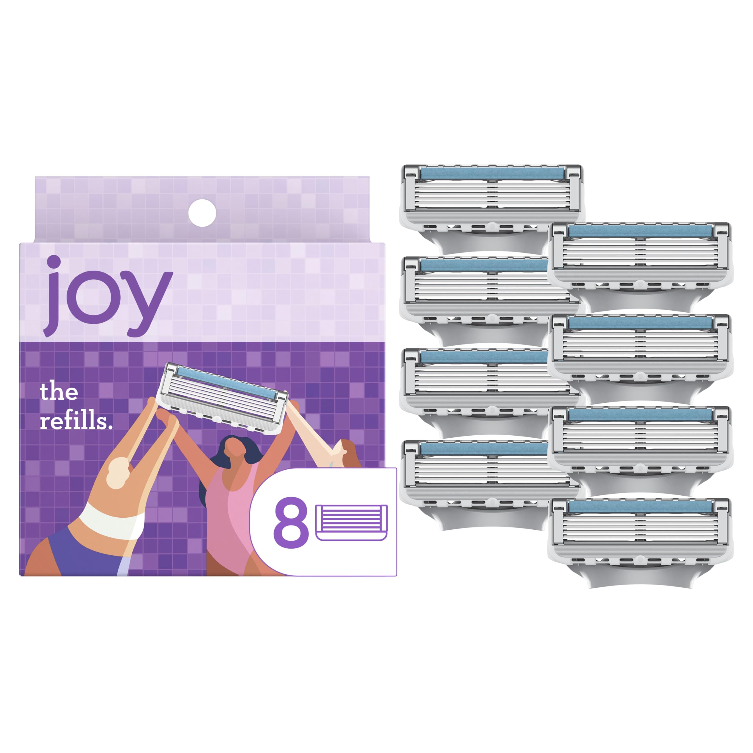 Joy Women’s Razor Refills 8-count purple pack showing five blades for a close shave