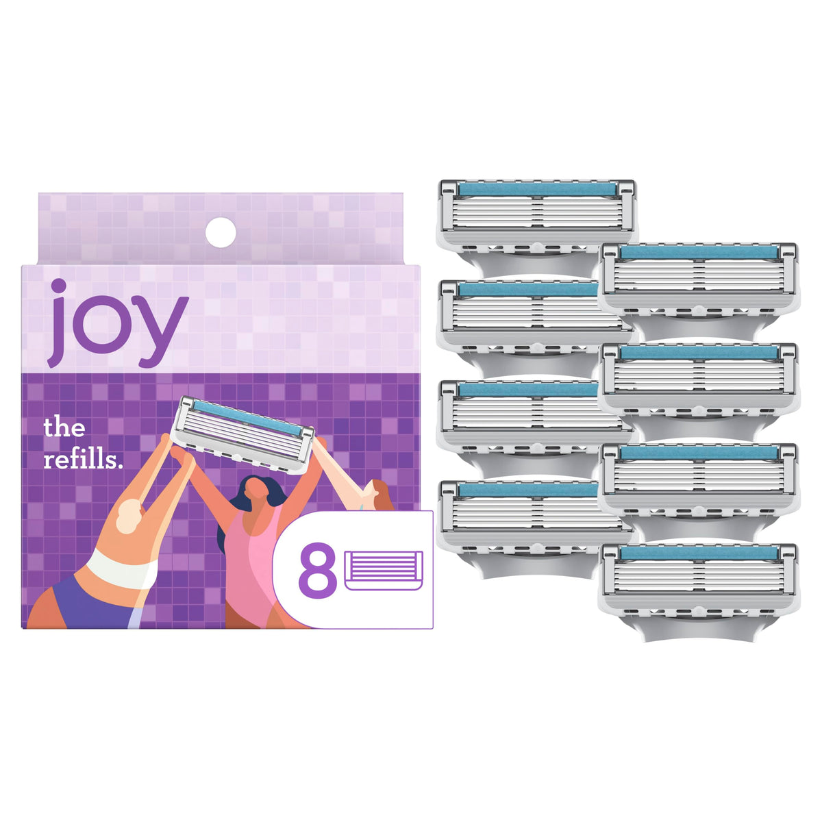 Joy Women’s Razor Refills 8-count purple pack showing five blades for a close shave