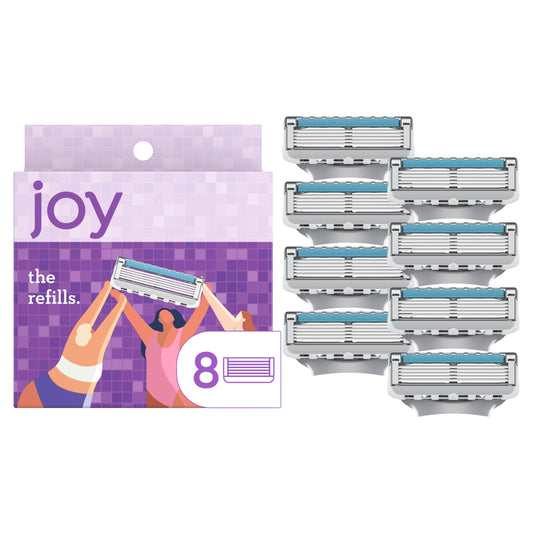 Joy Women’s Razor Refills 8-count purple pack showing five blades for a close shave