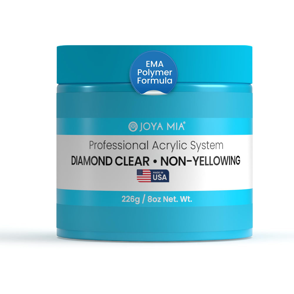 Joya Mia Diamond Clear acrylic powder close-up showing a durable, glossy finish