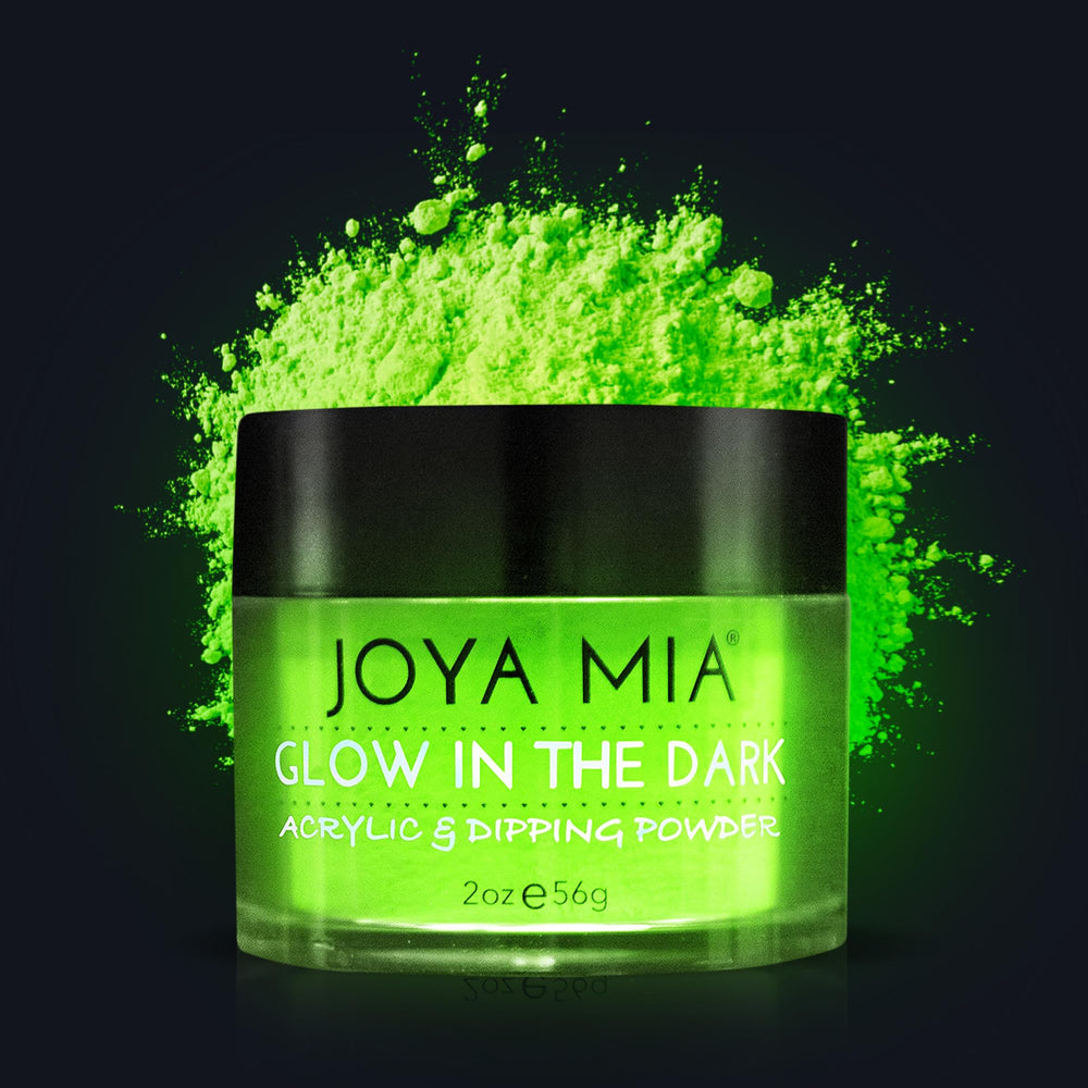 Joya Mia glow-in-the-dark nail powder jar demonstrates a 2 oz glow option for standout nails.