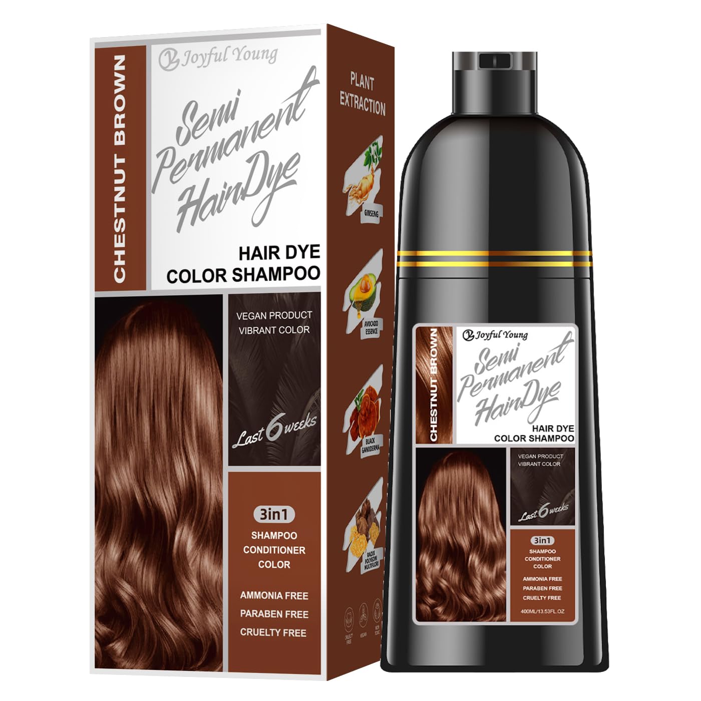 Joyful Young chestnut brown shampoo bottle for at home gray coverage