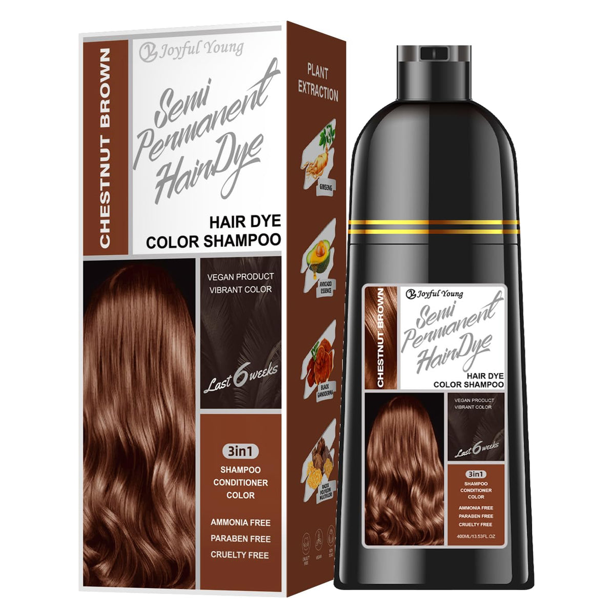 Joyful Young chestnut brown shampoo bottle for at home gray coverage