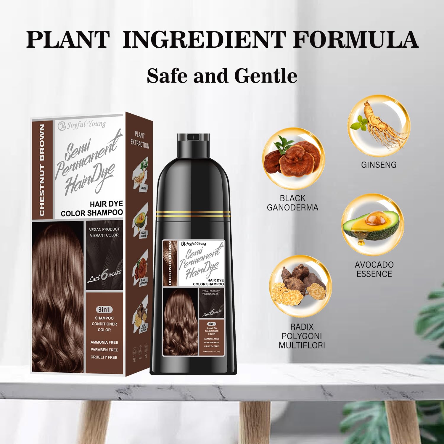 Joyful Young chestnut brown shampoo dispense action for easy color refresh