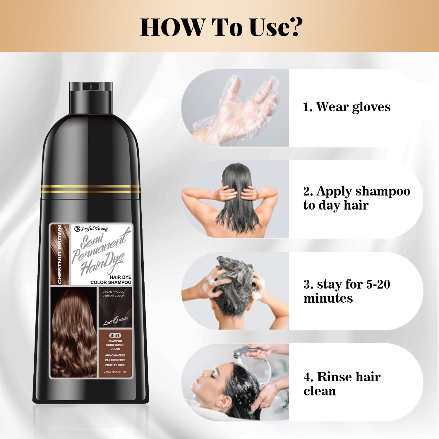 Joyful Young gray hair coverage demo shows natural chestnut brown blend