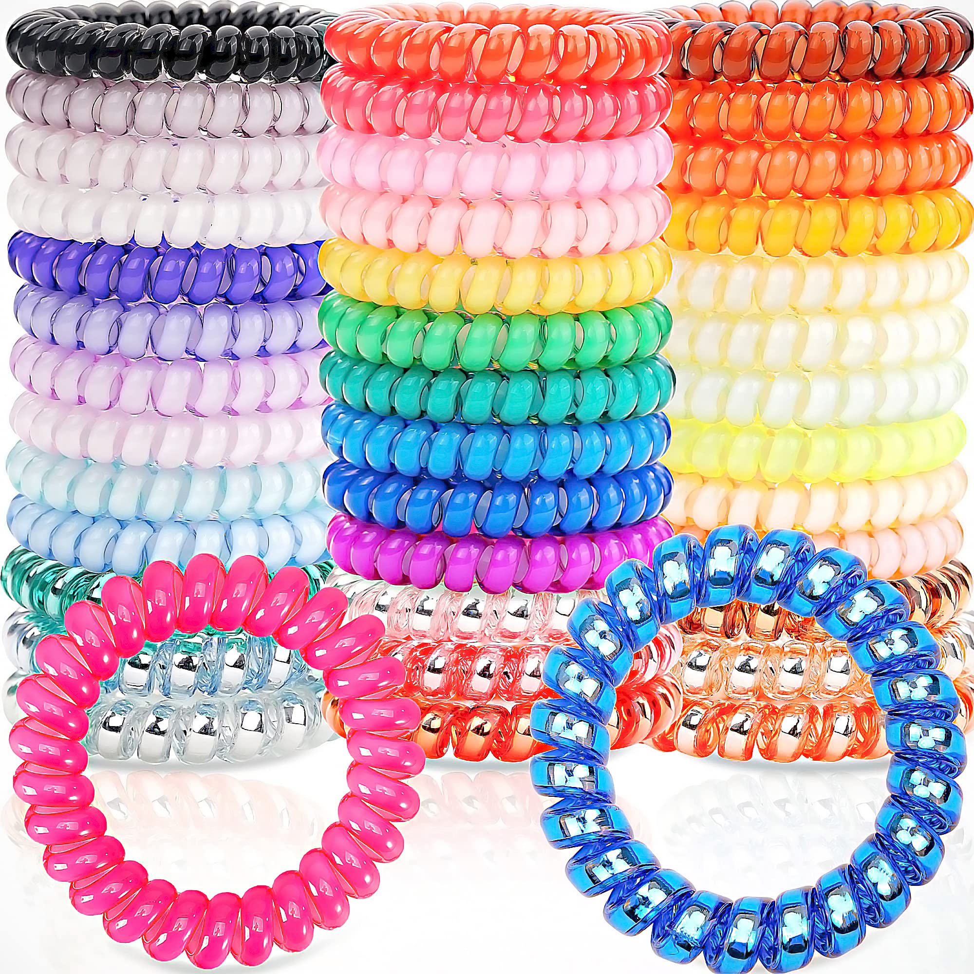 JOYOYO spiral hair ties in candy colors, gentle on hair and secure.