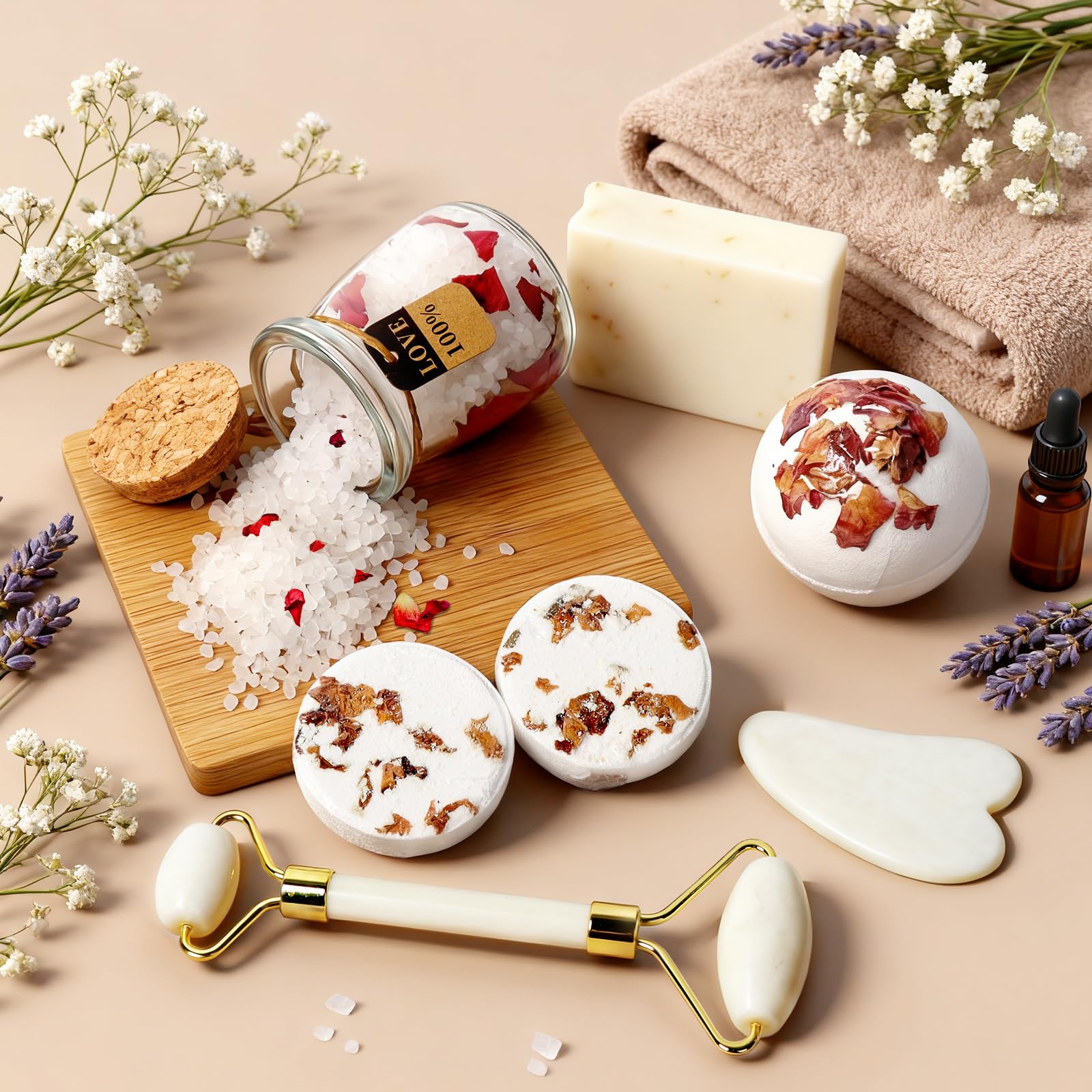 Joyvella coconut bath bomb with sea salt and rose petals for an indulgent soak.