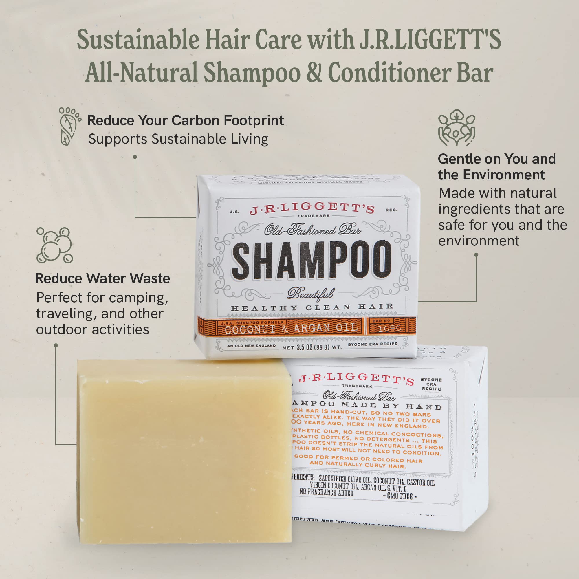 J.R.LIGGETT'S 3-pack shampoo and conditioner bars on shelf.