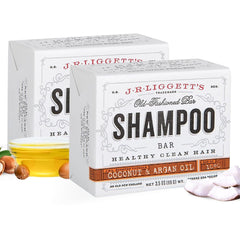 J.R.LIGGETT'S shampoo bar close-up highlights coconut and argan oils for gentle cleansing.