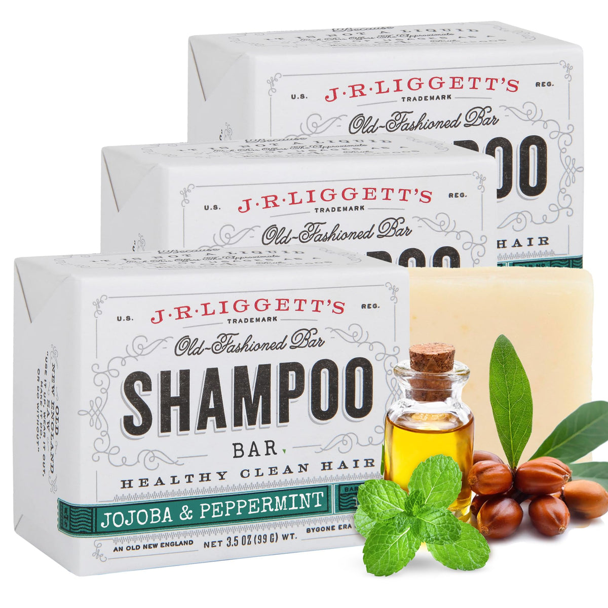J.R.LIGGETT'S shampoo bar with jojoba oil closeup showing natural ingredients