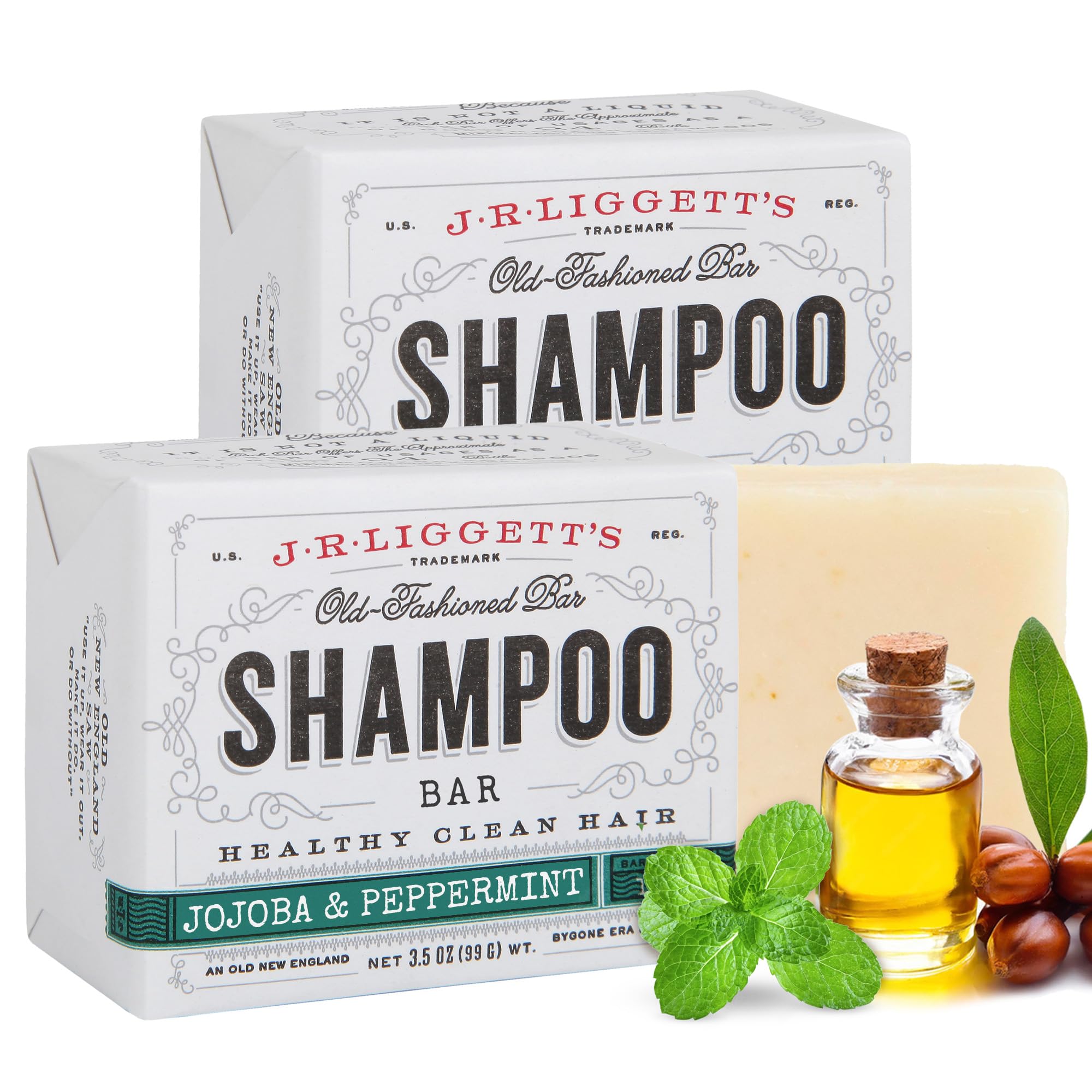 J.R.LIGGETT'S Shampoo Bar pack shot highlights natural cleansing with jojoba and peppermint.
