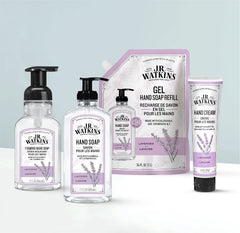 Three-pack packaging of J.R. Watkins foaming hand soap on display