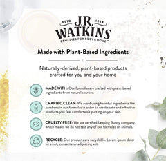 J.R. Watkins all-natural ingredients label highlights clean, paraben-free formulation.