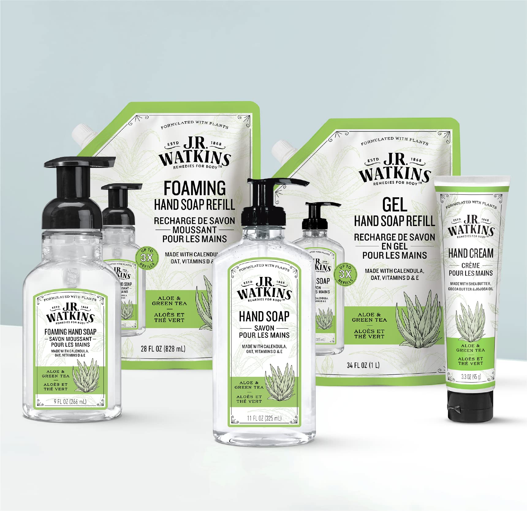 J.R. Watkins Aloe & Green Tea bottle emphasizes refreshing scent for daily hand washing.