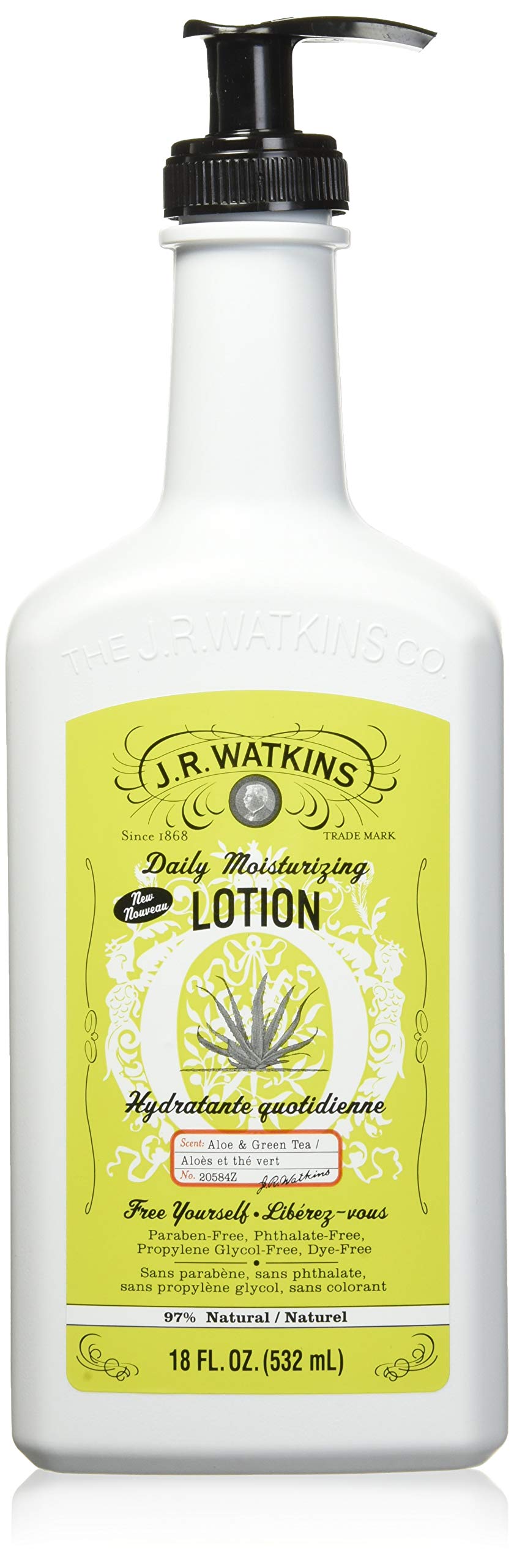 J.R. Watkins Aloe and Green Tea lotion bottle for all-day hydration.