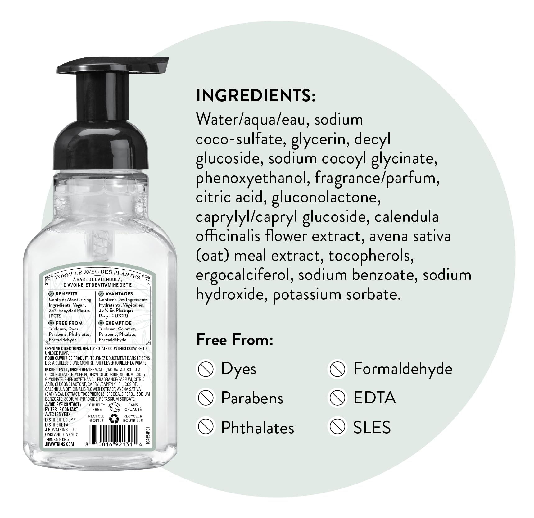 Bathroom vanity with J.R. Watkins eucalyptus foaming soap for quick handwashing.