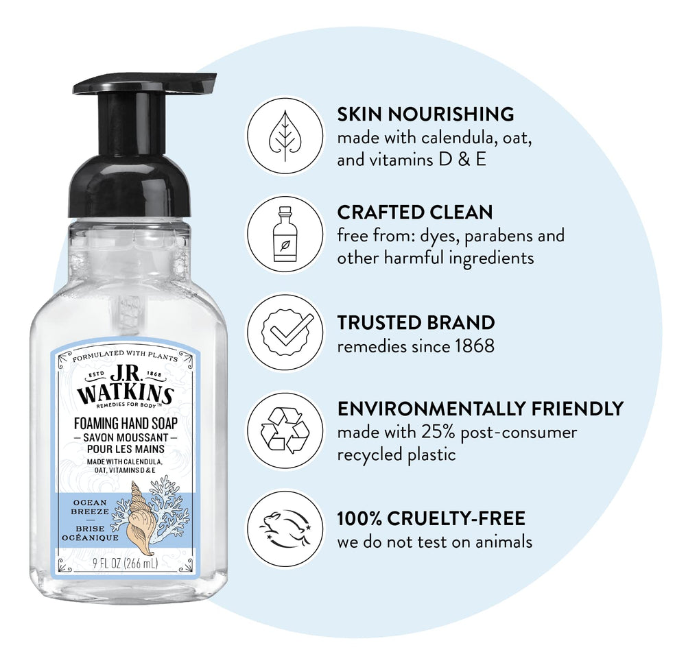 J.R. Watkins Brise Marine foaming hand soap creates creamy lather with gentle cleansing.