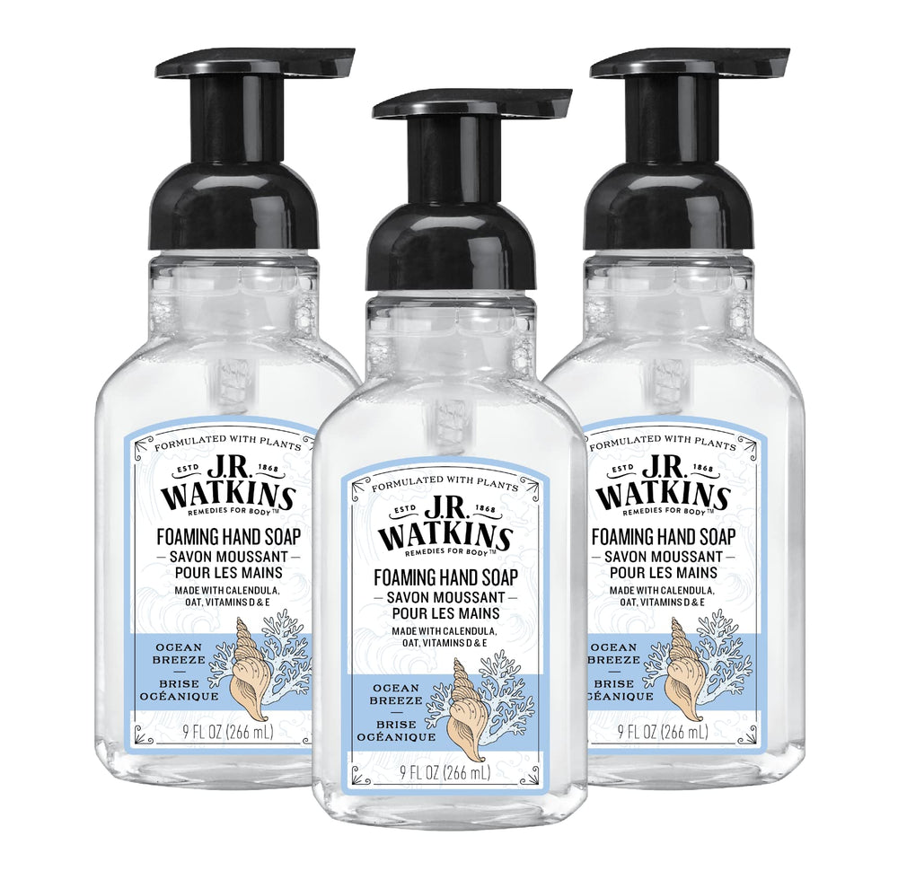 J.R. Watkins Brise Marine foaming soap nourishes skin during hand washing.